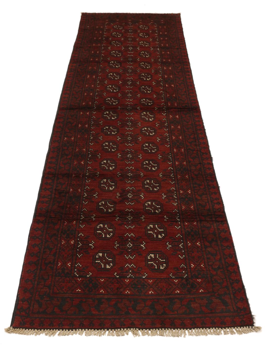 Tapis couloir noué à la main Afghan Fine en rouge foncé et noir