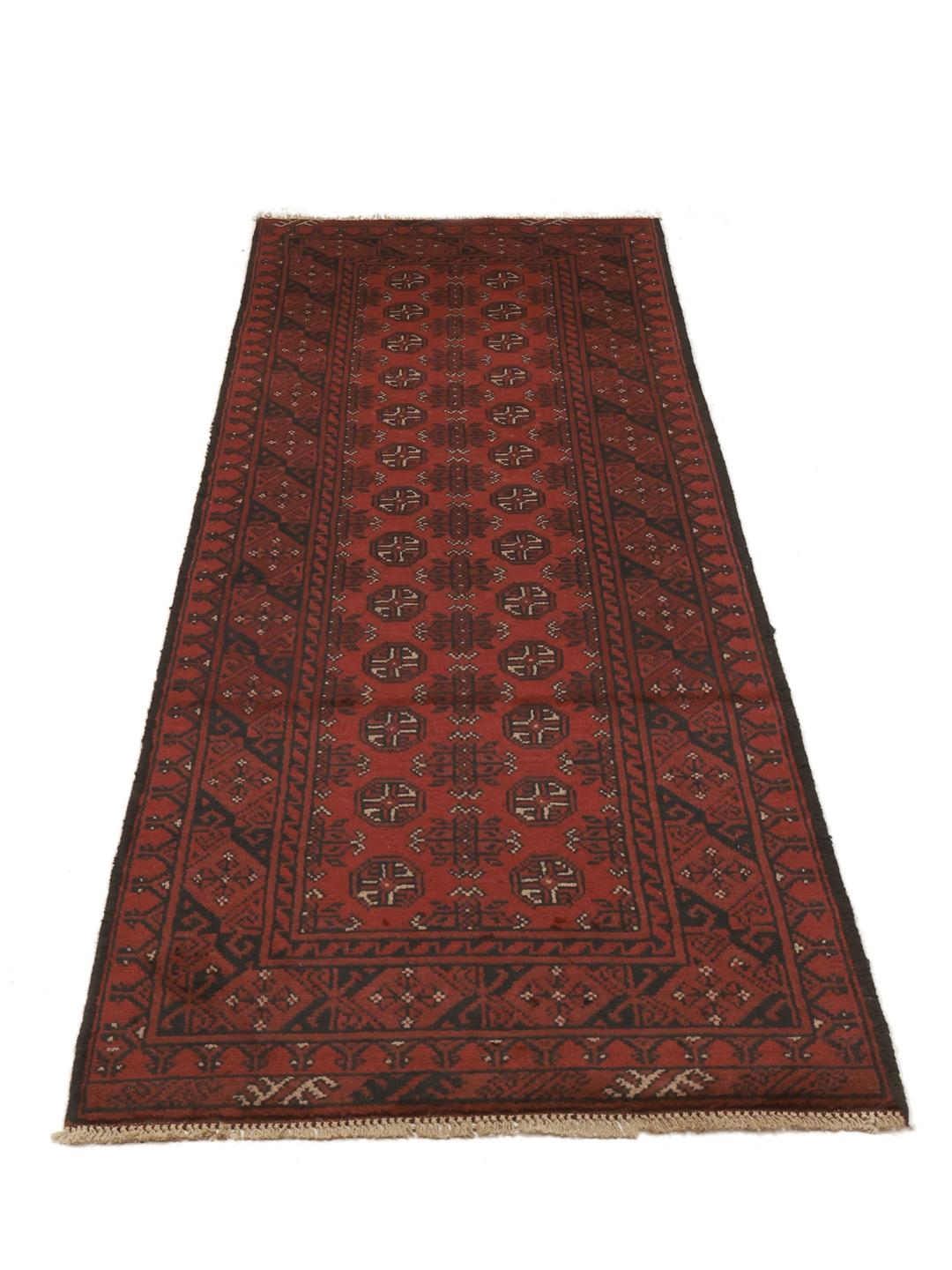 Tapis de couloir Afghan Fine en laine noué à la main en rouge foncé et noir