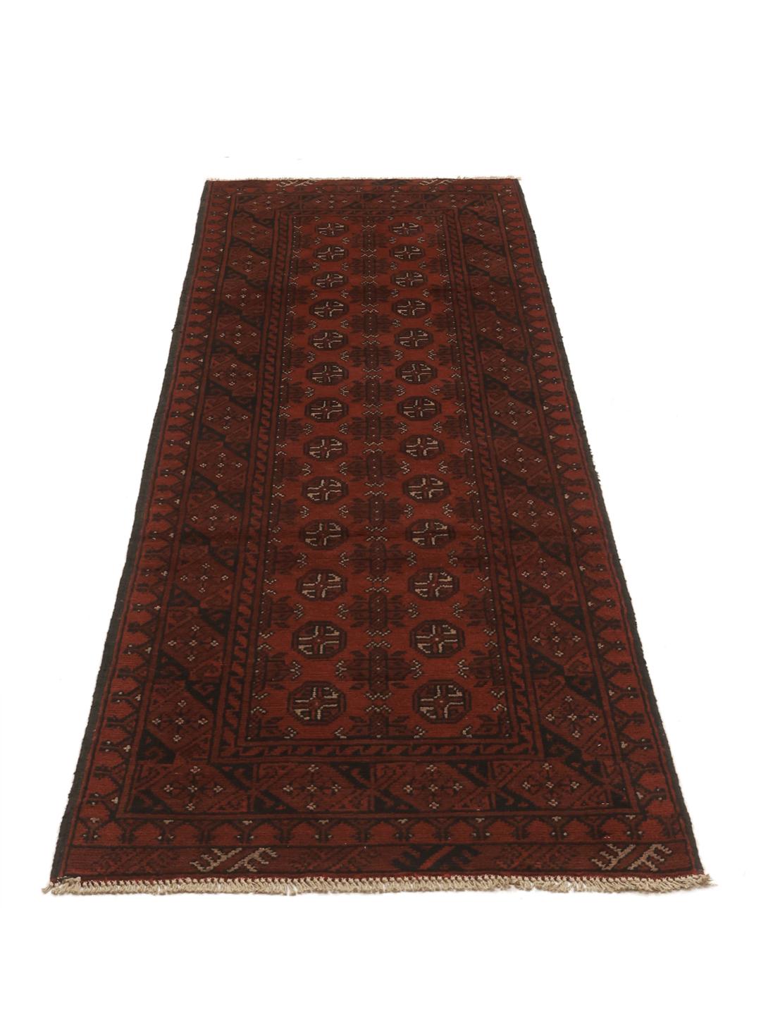 Tapis de couloir Afghan Fine en laine noué à la main en rouge foncé et noir