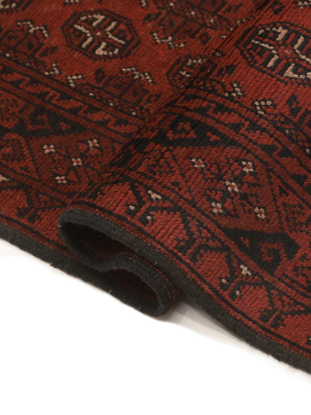 Tapis de couloir Afghan Fine en laine noué à la main en rouge foncé et noir