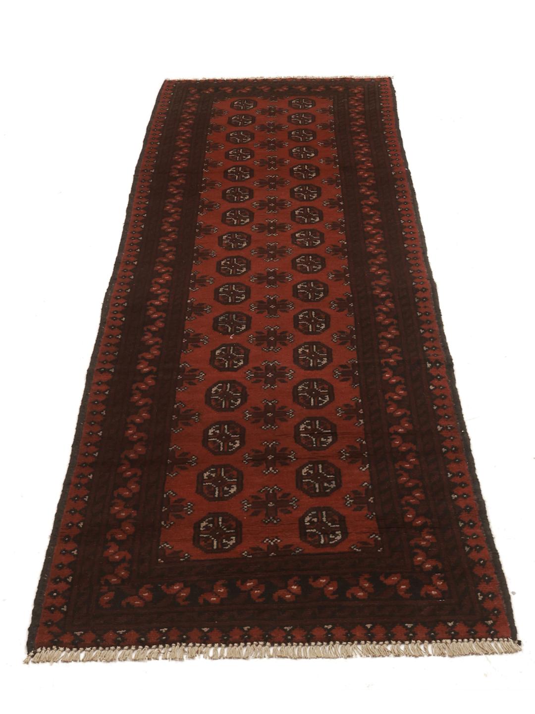 Hand-knotted Afghan Fine runner rug in dark-red and black