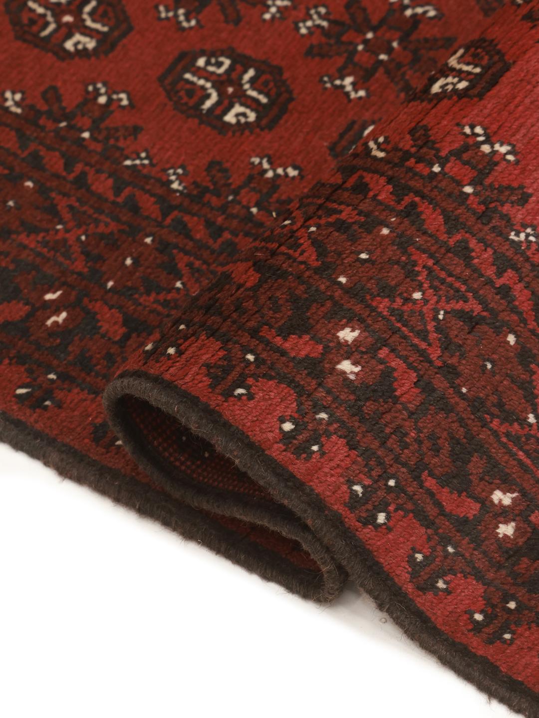 Tapis couloir afghan noué à la main en laine rouge foncé et noire