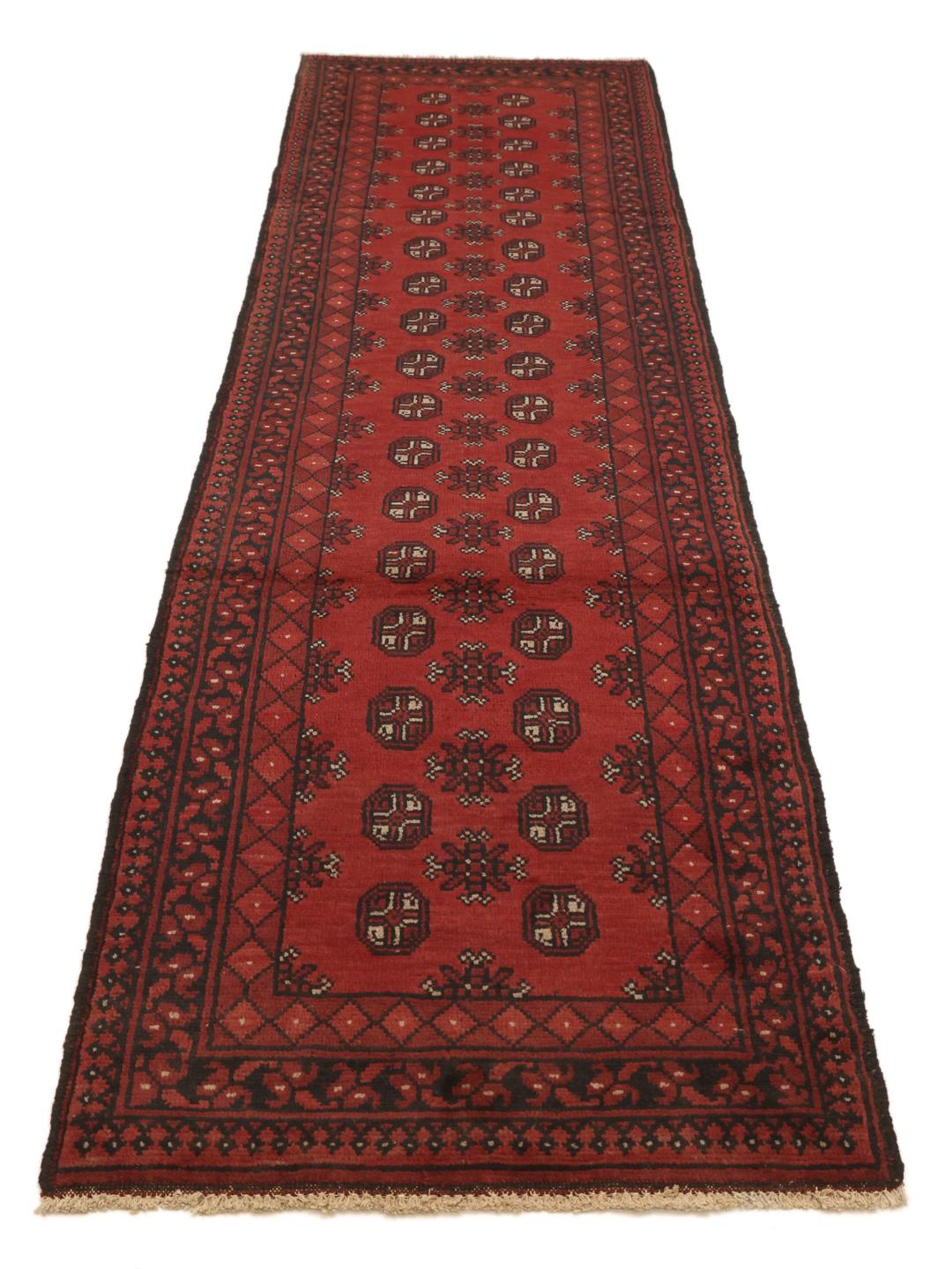 Tapis couloir en laine Afghan Fine noue a la main en rouge fonce et noir