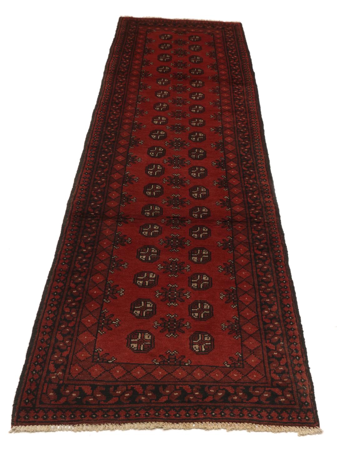 Tapis couloir en laine Afghan Fine noue a la main en rouge fonce et noir