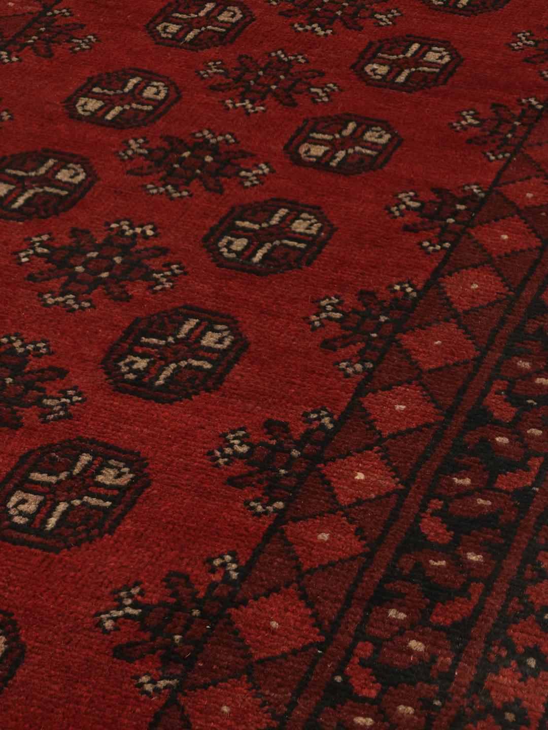 Tapis couloir en laine Afghan Fine noue a la main en rouge fonce et noir