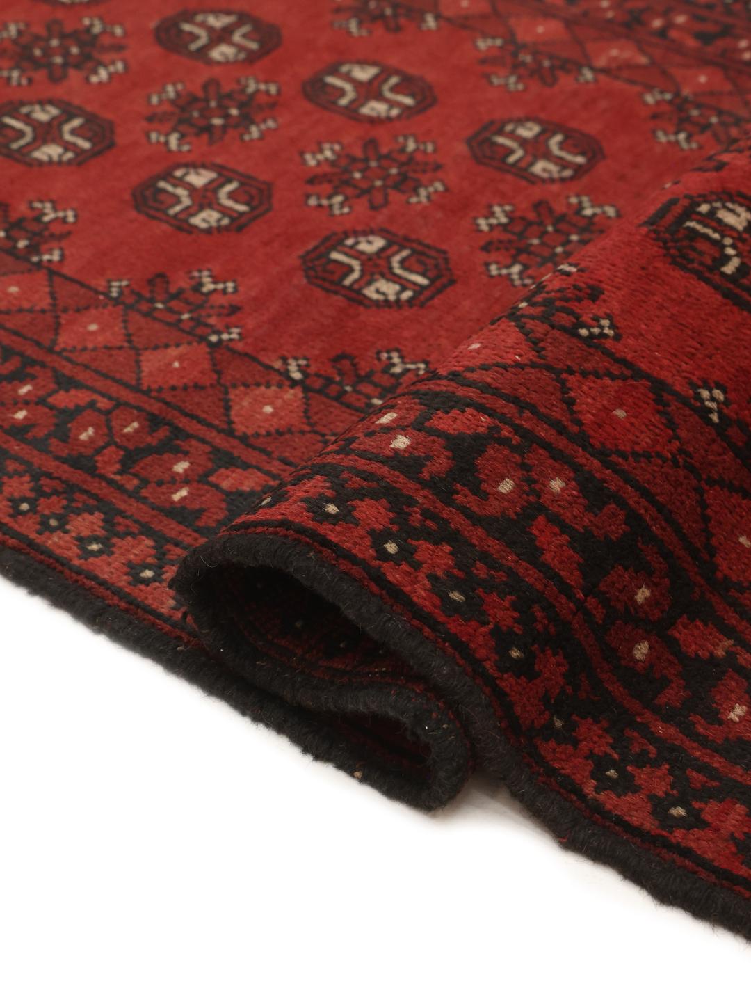 Tapis couloir en laine Afghan Fine noue a la main en rouge fonce et noir