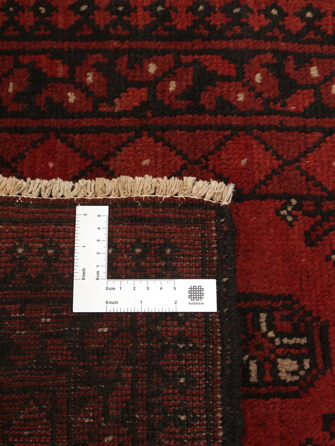 Tapis couloir en laine Afghan Fine noue a la main en rouge fonce et noir