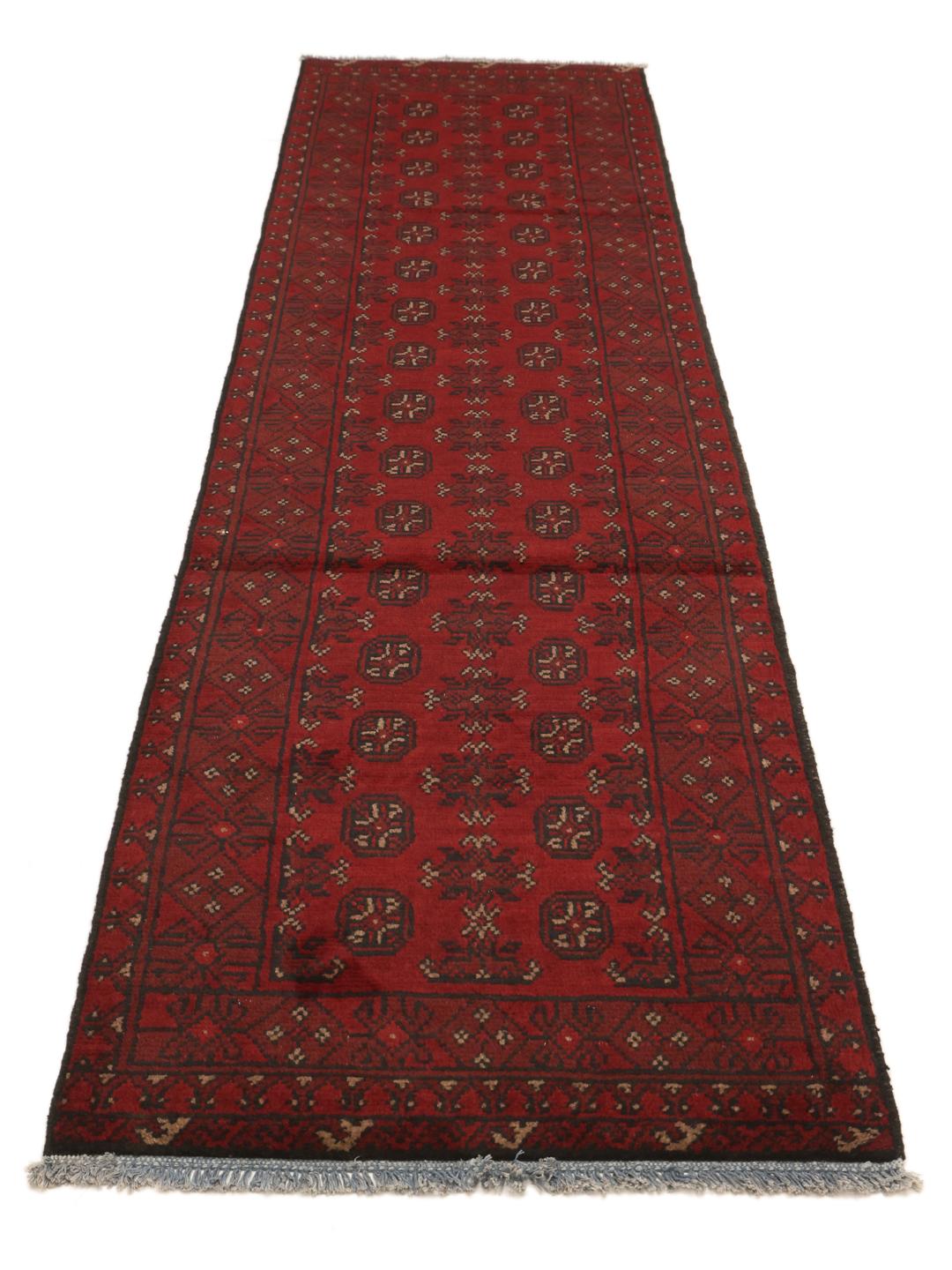 Tapis couloir Afghan Fine noué à la main en rouge foncé et noir