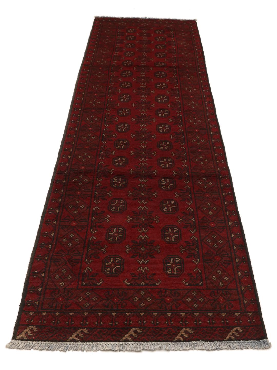 Tapis couloir Afghan Fine noué à la main en rouge foncé et noir
