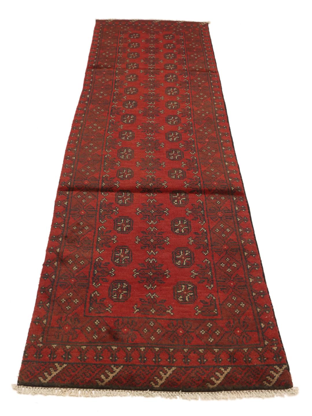 Tapis couloir Afghan Fine noué à la main en rouge foncé