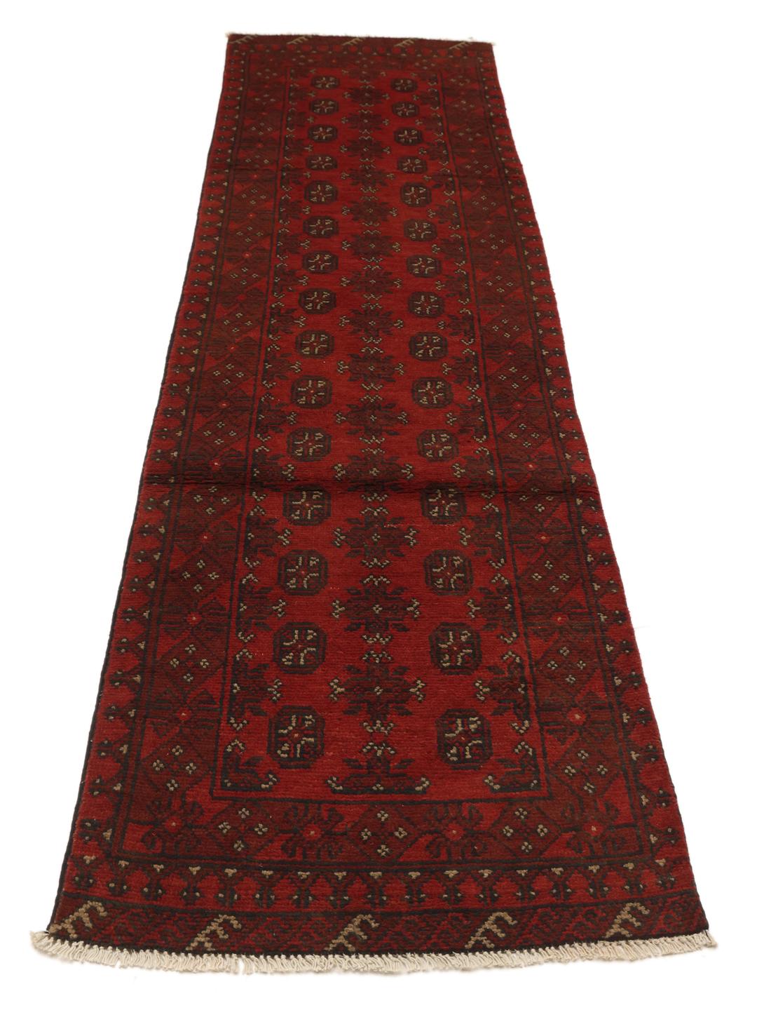 Tapis couloir Afghan Fine noué à la main en rouge foncé