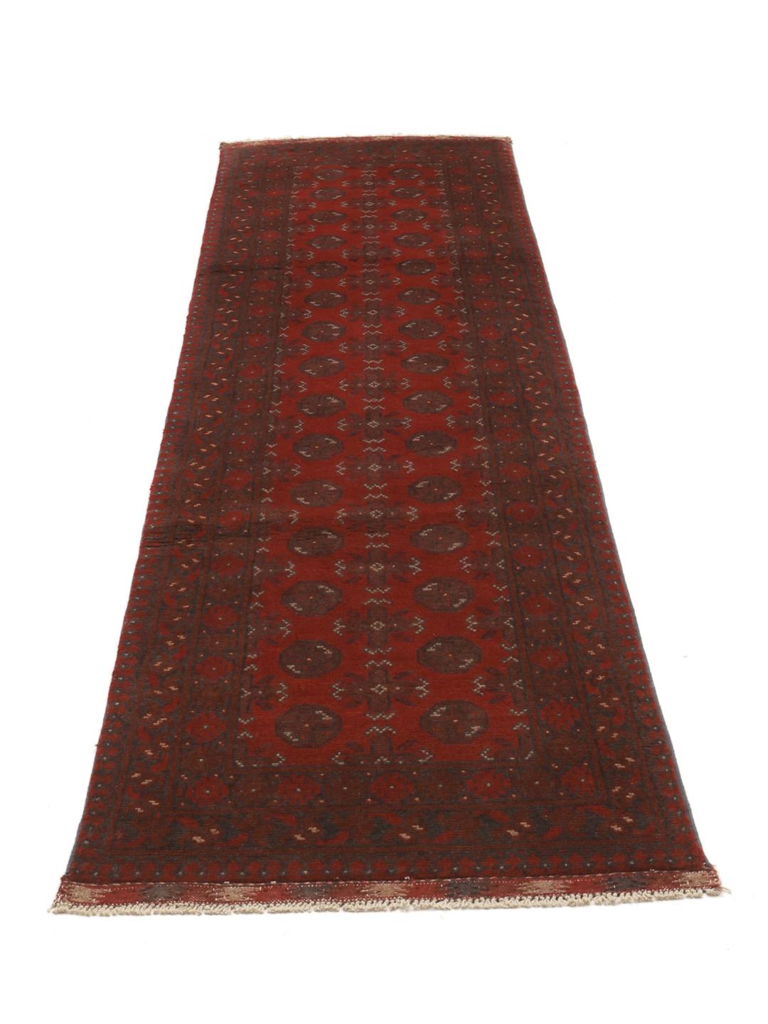 Hand-knotted Afghan runner in dark-red wool