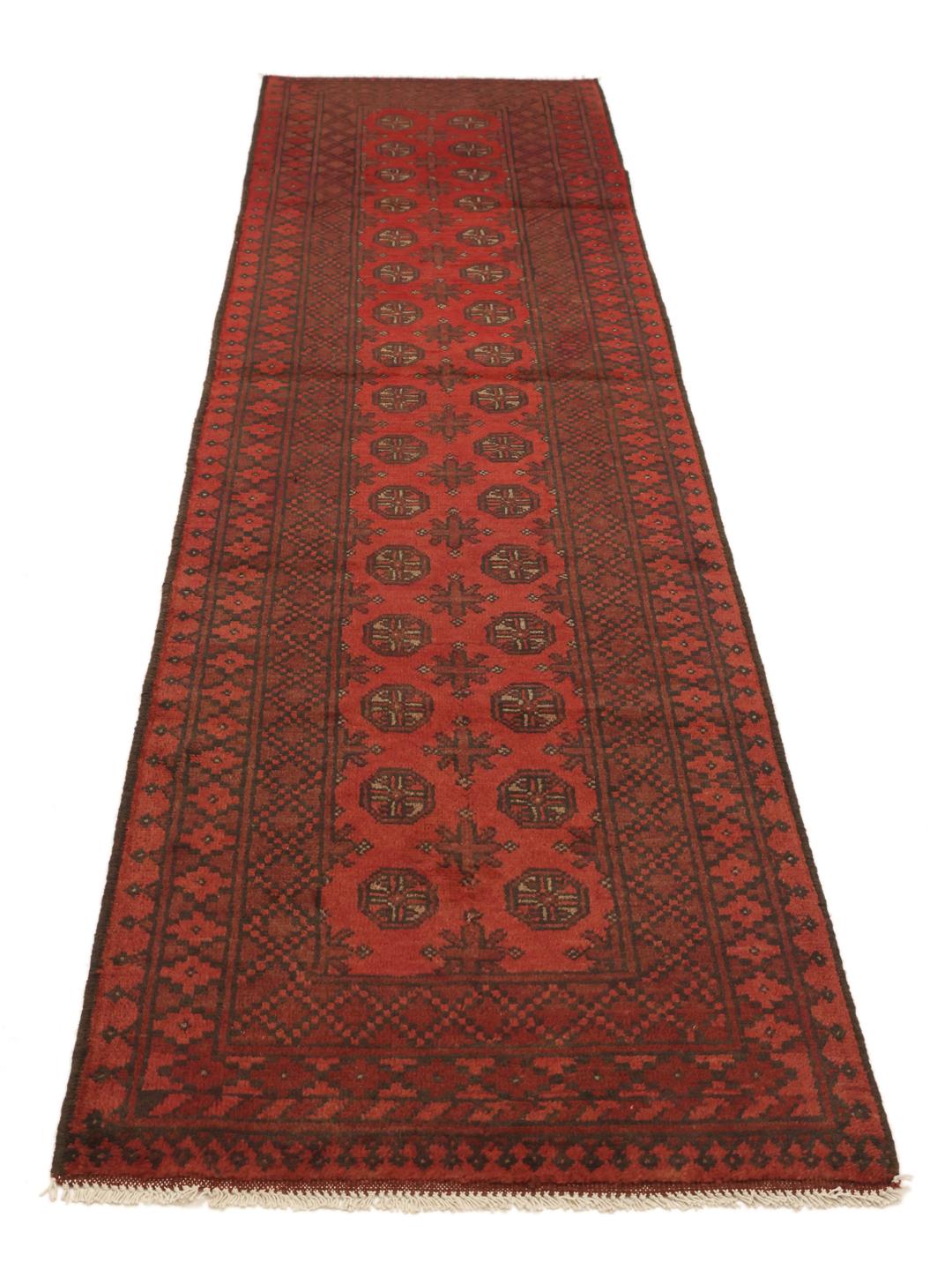 Tapis de couloir afghan en laine noué a la main en rouge fonce et noir