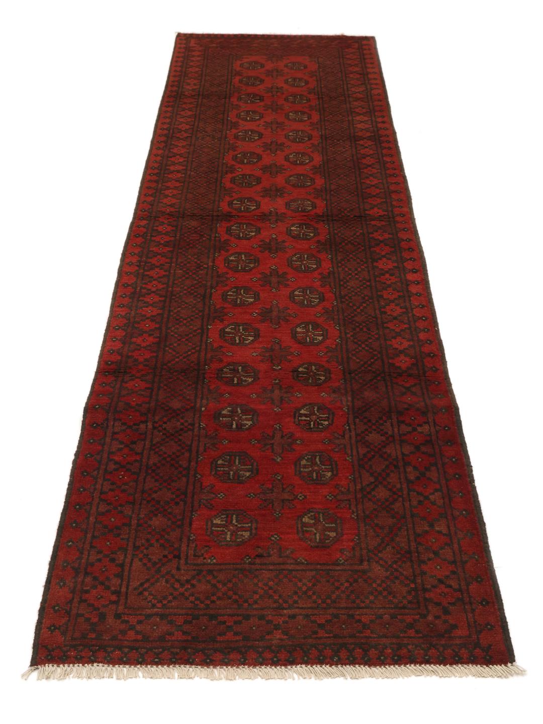 Tapis de couloir afghan en laine noué a la main en rouge fonce et noir