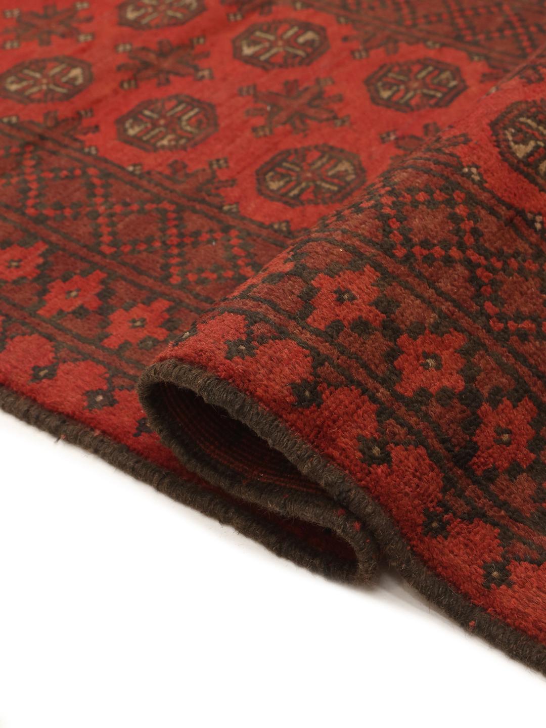Tapis de couloir afghan en laine noué a la main en rouge fonce et noir