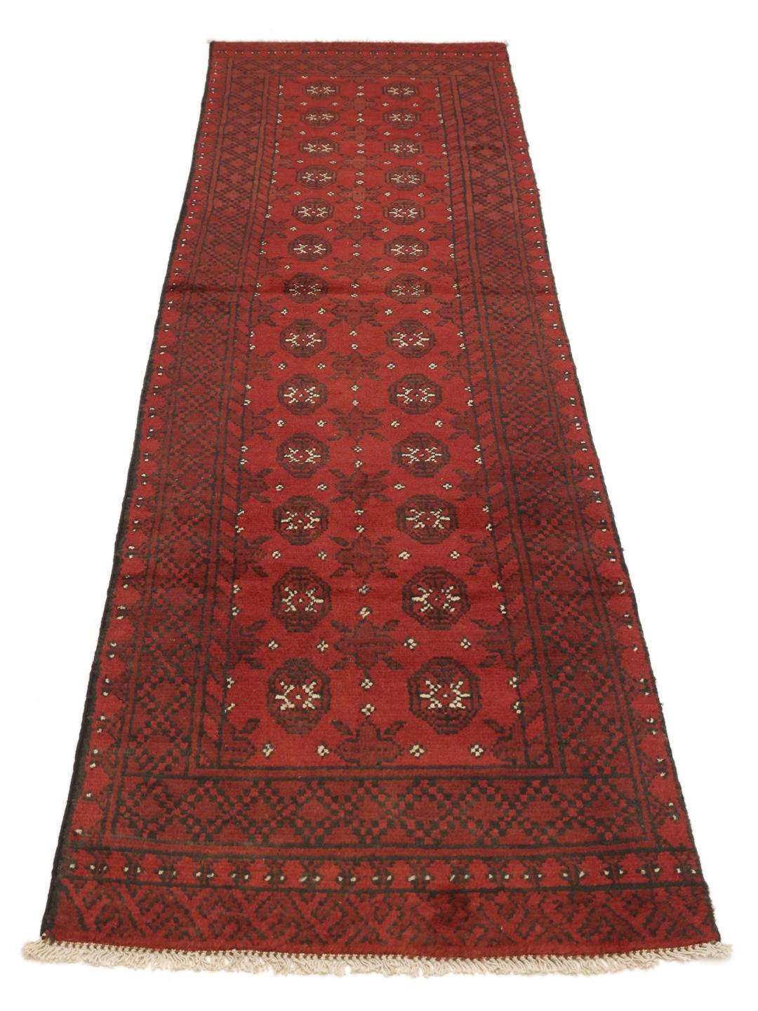 Hand-knotted Afghan Fine wool runner rug in dark red and black
