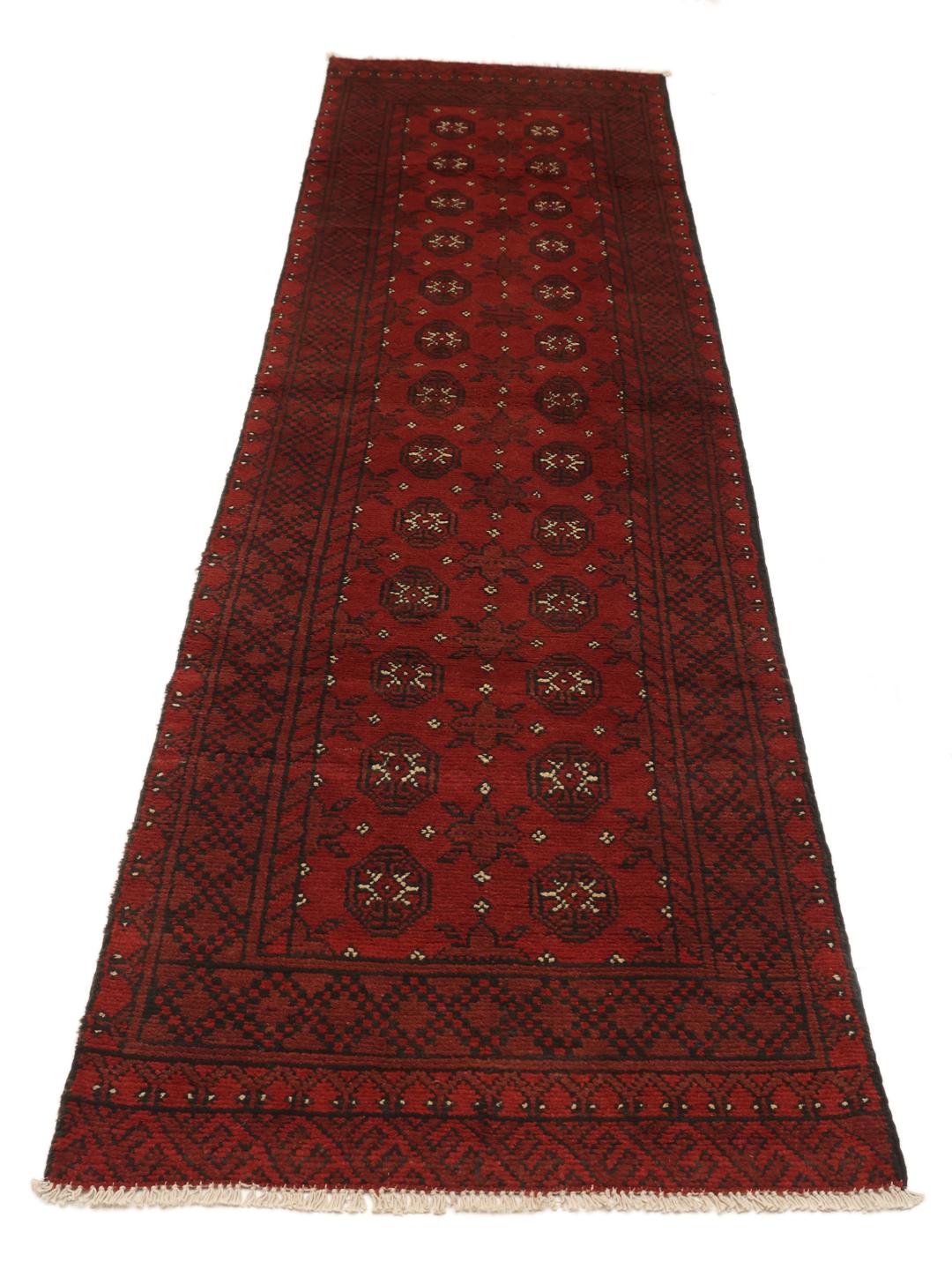 Hand-knotted Afghan Fine wool runner rug in dark red and black