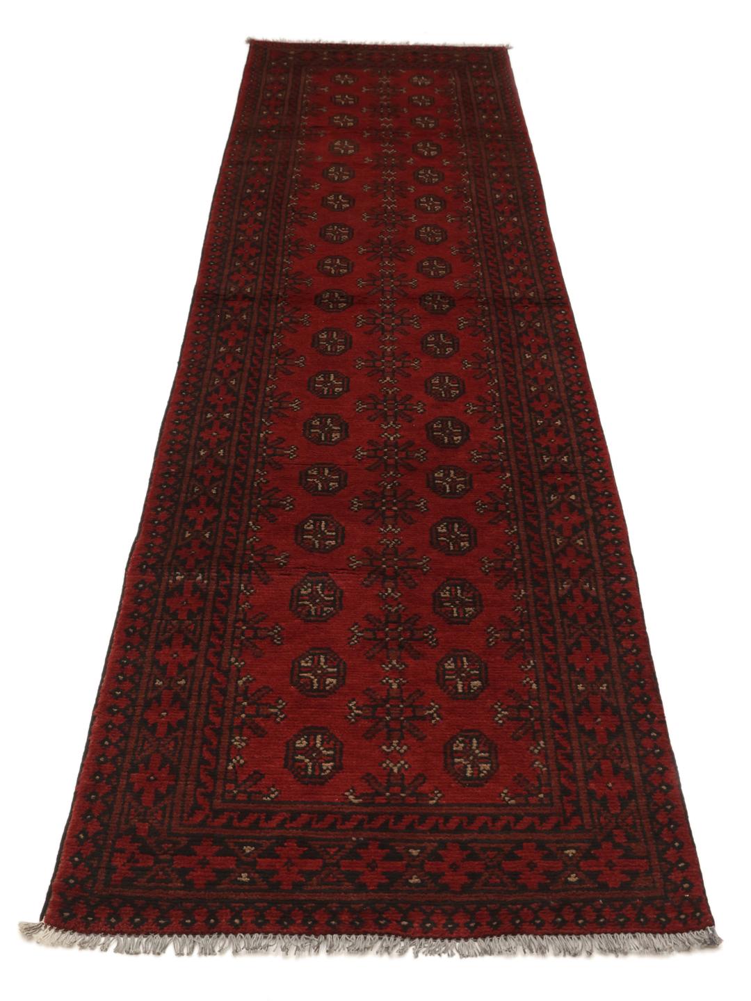 Hand-knotted Afghan runner rug in dark-red and dark-grey