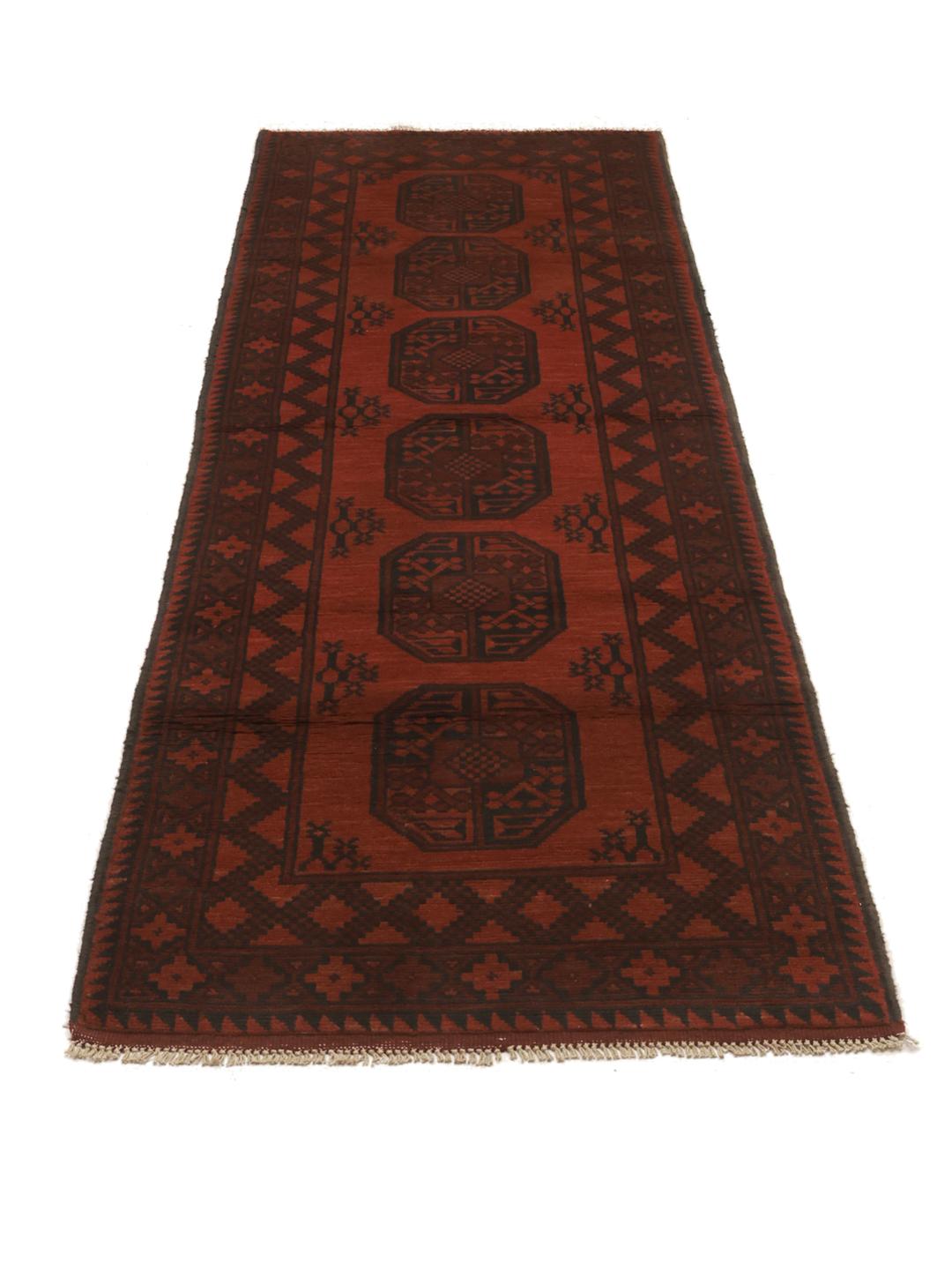 Tapis de couloir en laine rouge foncé noué à la main d'Afghanistan
