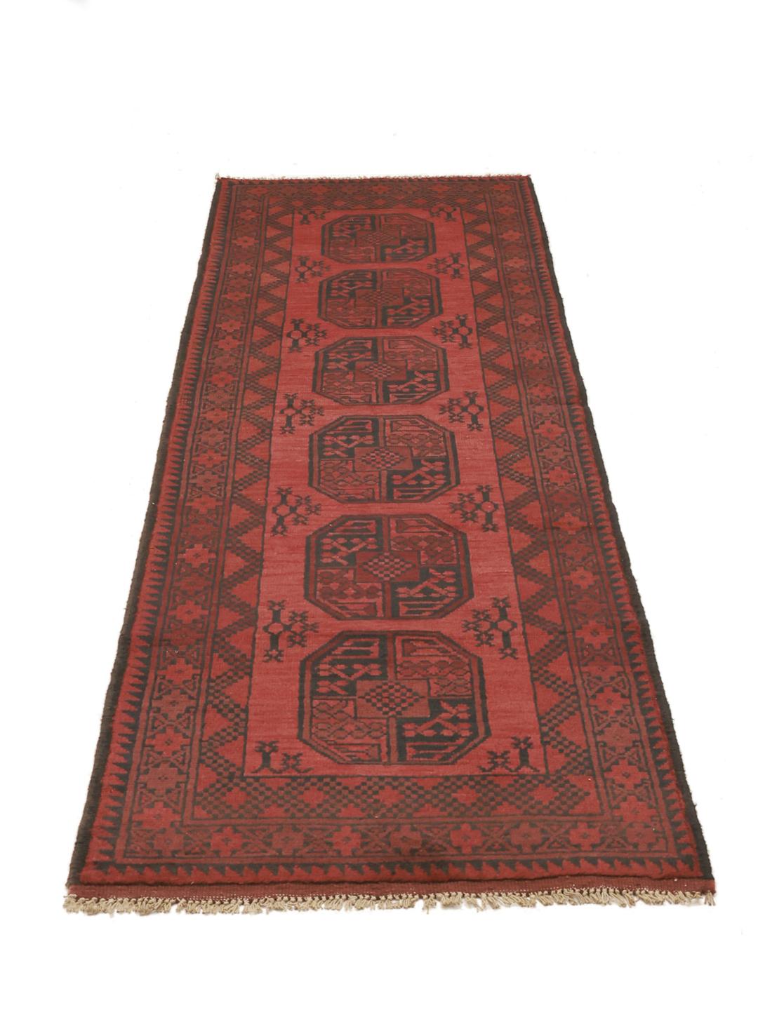 Hand-knotted Afghan Fine runner in dark-red and black wool