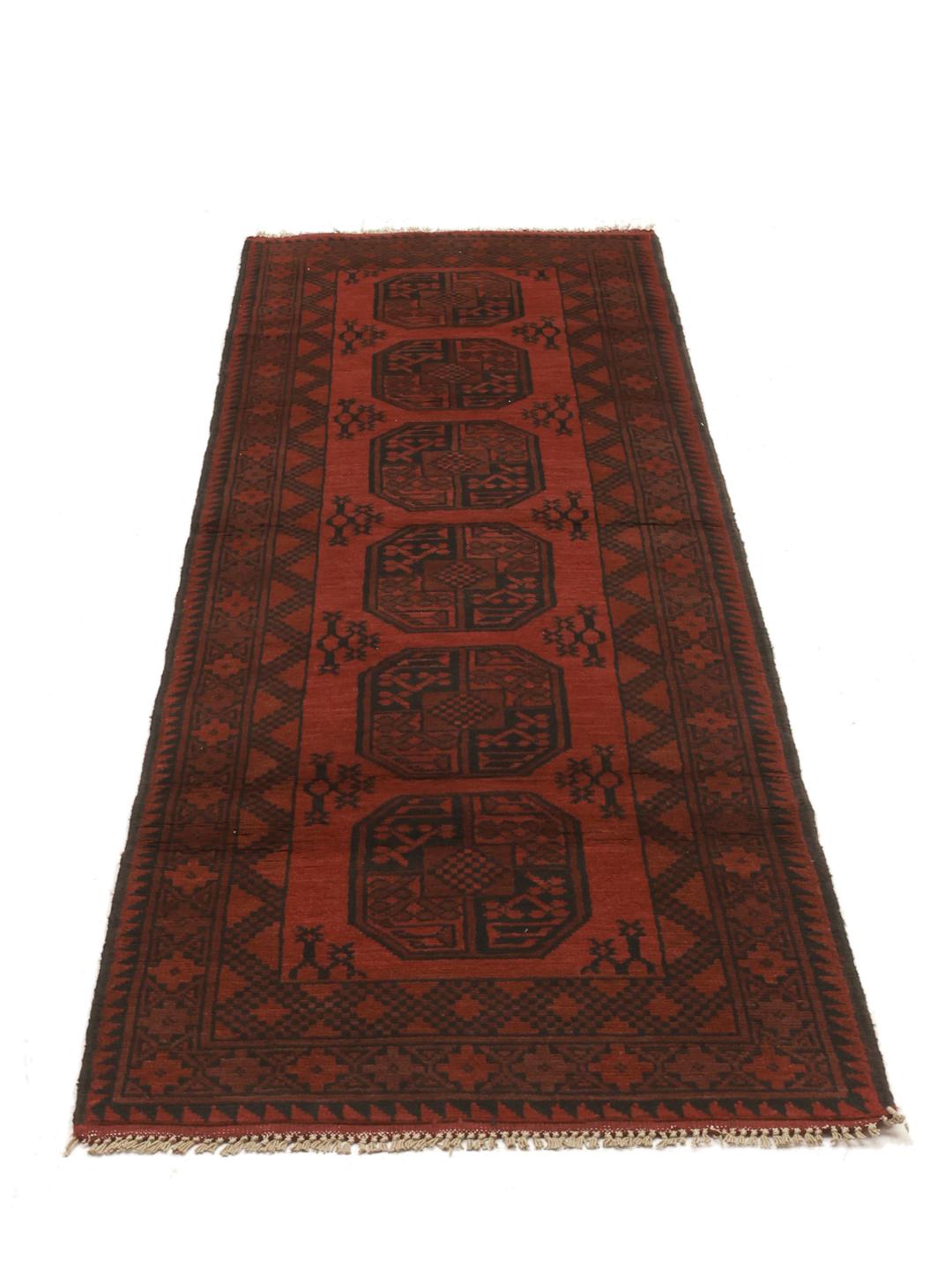 Hand-knotted Afghan Fine runner in dark-red and black wool