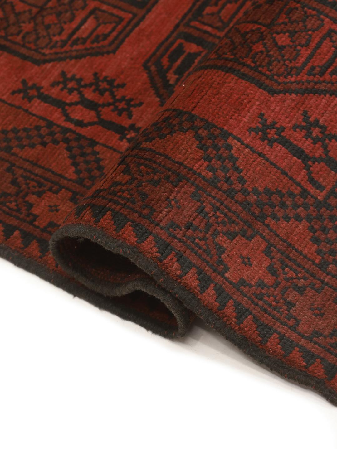 Hand-knotted Afghan Fine runner in dark-red and black wool