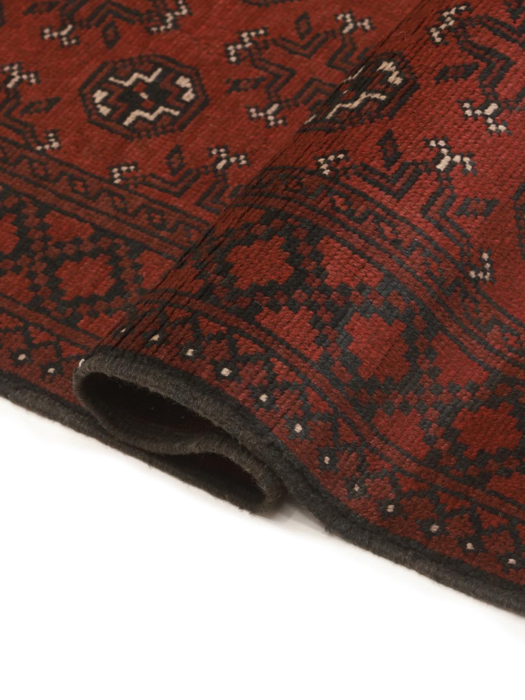 Handgeknoopt Afghan Fine wol loper in donkerrood en zwart