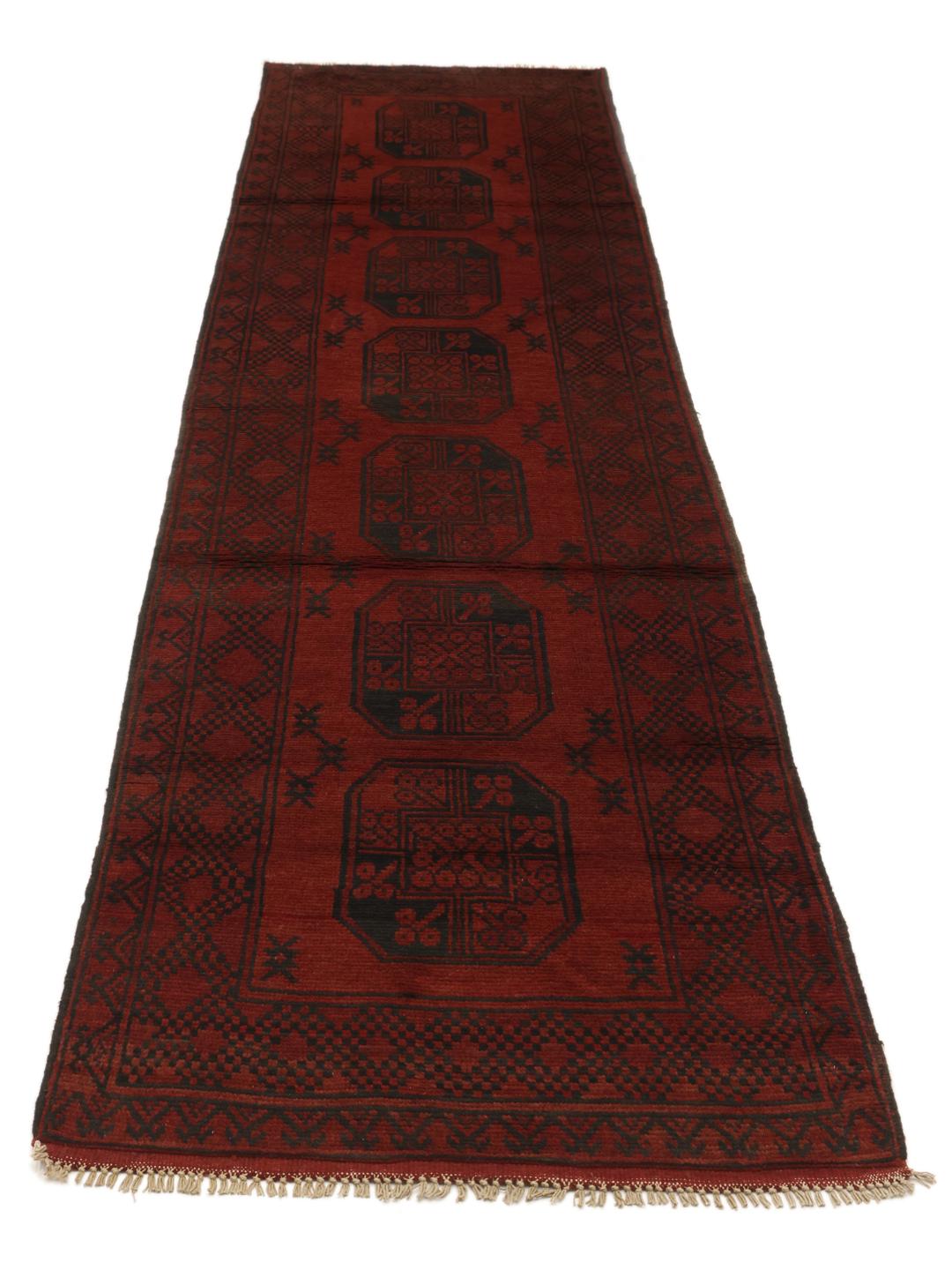 Tapis couloir en laine noué à la main d'Afghanistan en rouge foncé et noir