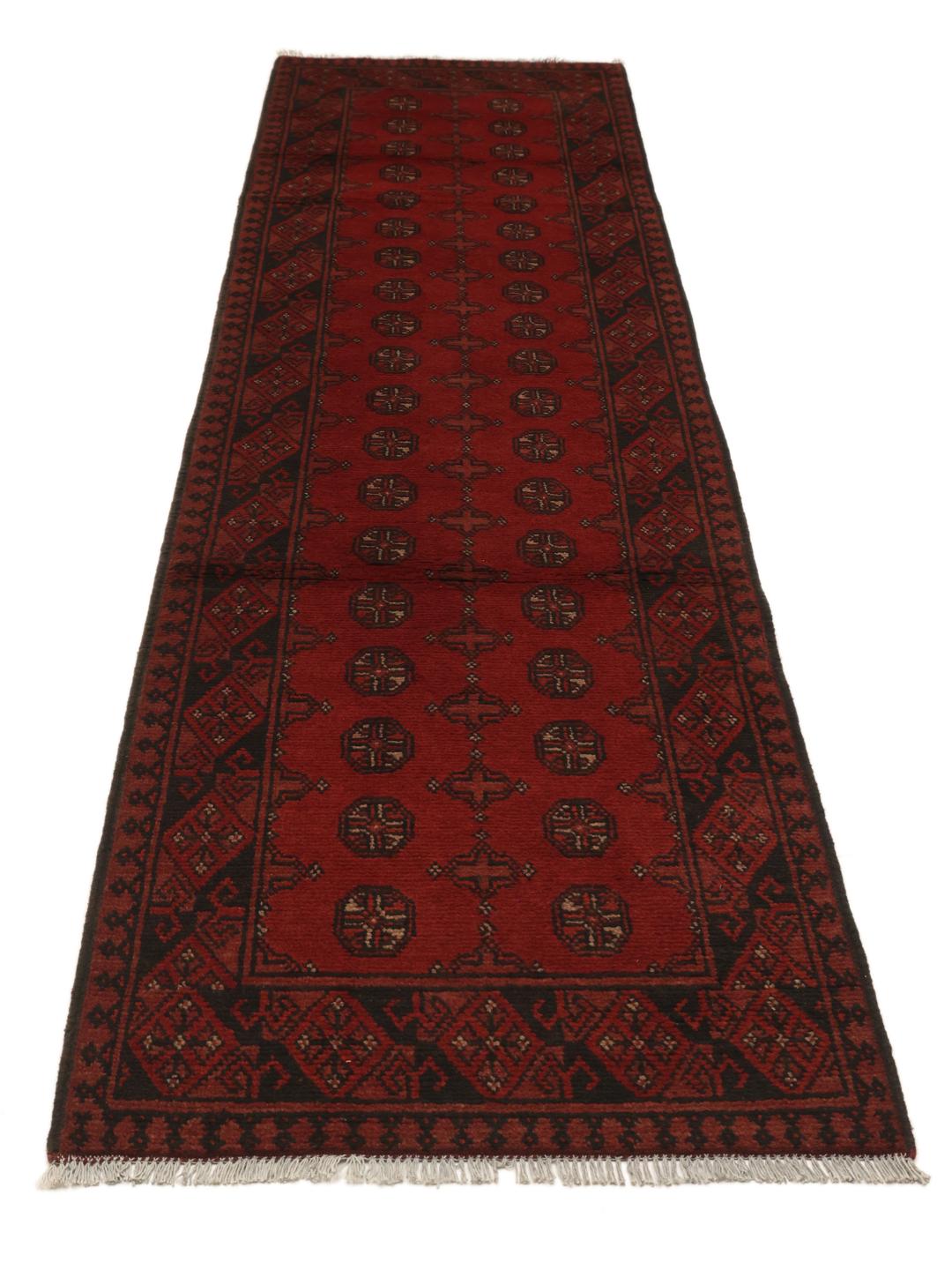 Handgeknoopt Afghan Fine loper vloerkleed in donkerrode en zwarte wol