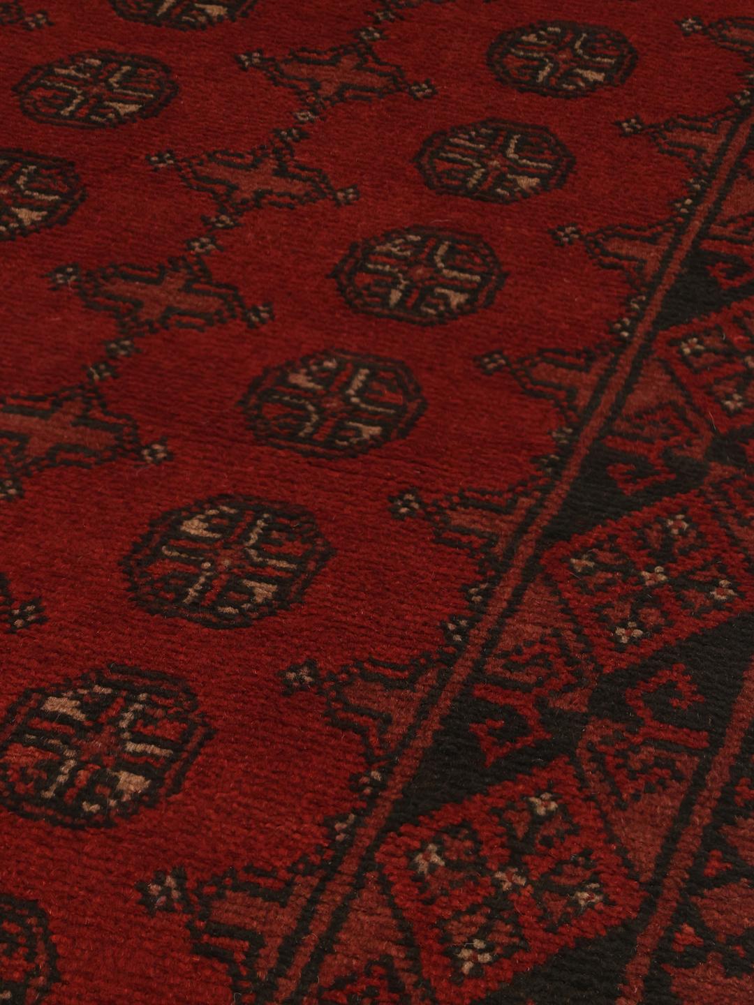 Handgeknoopt Afghan Fine loper vloerkleed in donkerrode en zwarte wol