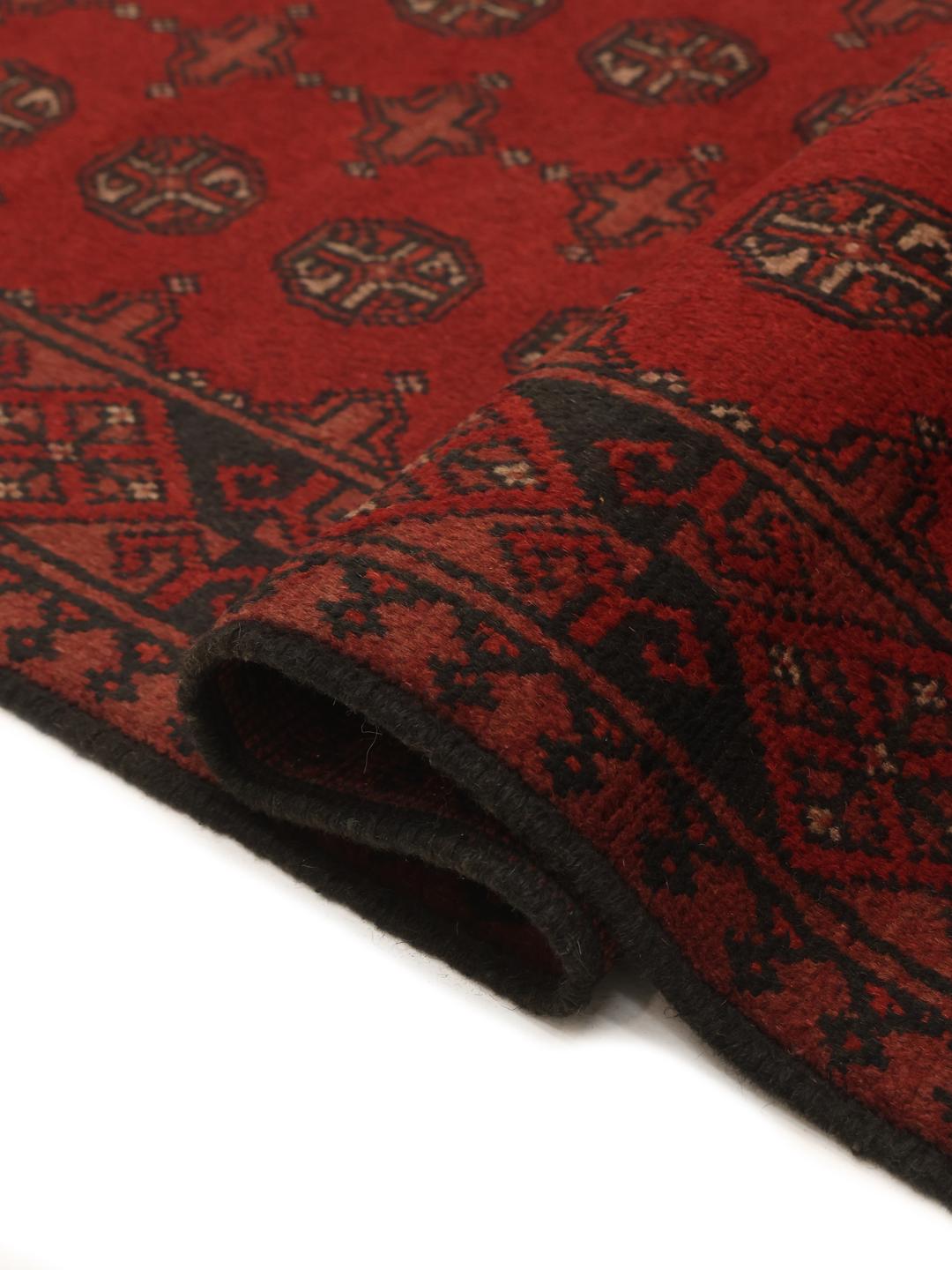 Handgeknoopt Afghan Fine loper vloerkleed in donkerrode en zwarte wol
