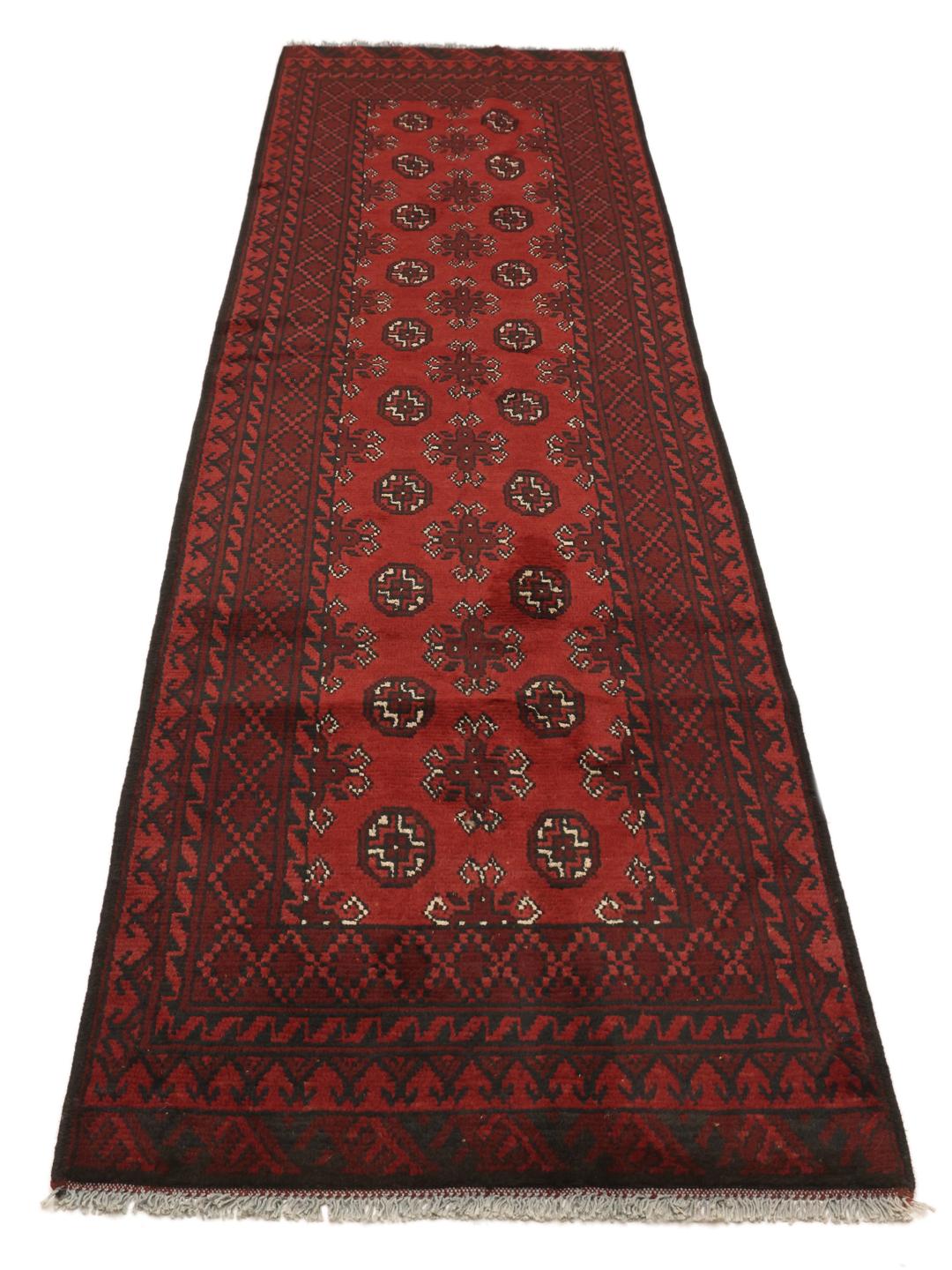 Tapis couloir noué à la main en provenance d'Afghanistan en rouge foncé et noir