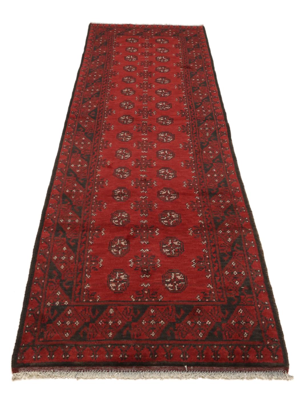 Tapis de couloir Afghan Fine noué à la main en rouge foncé et noir