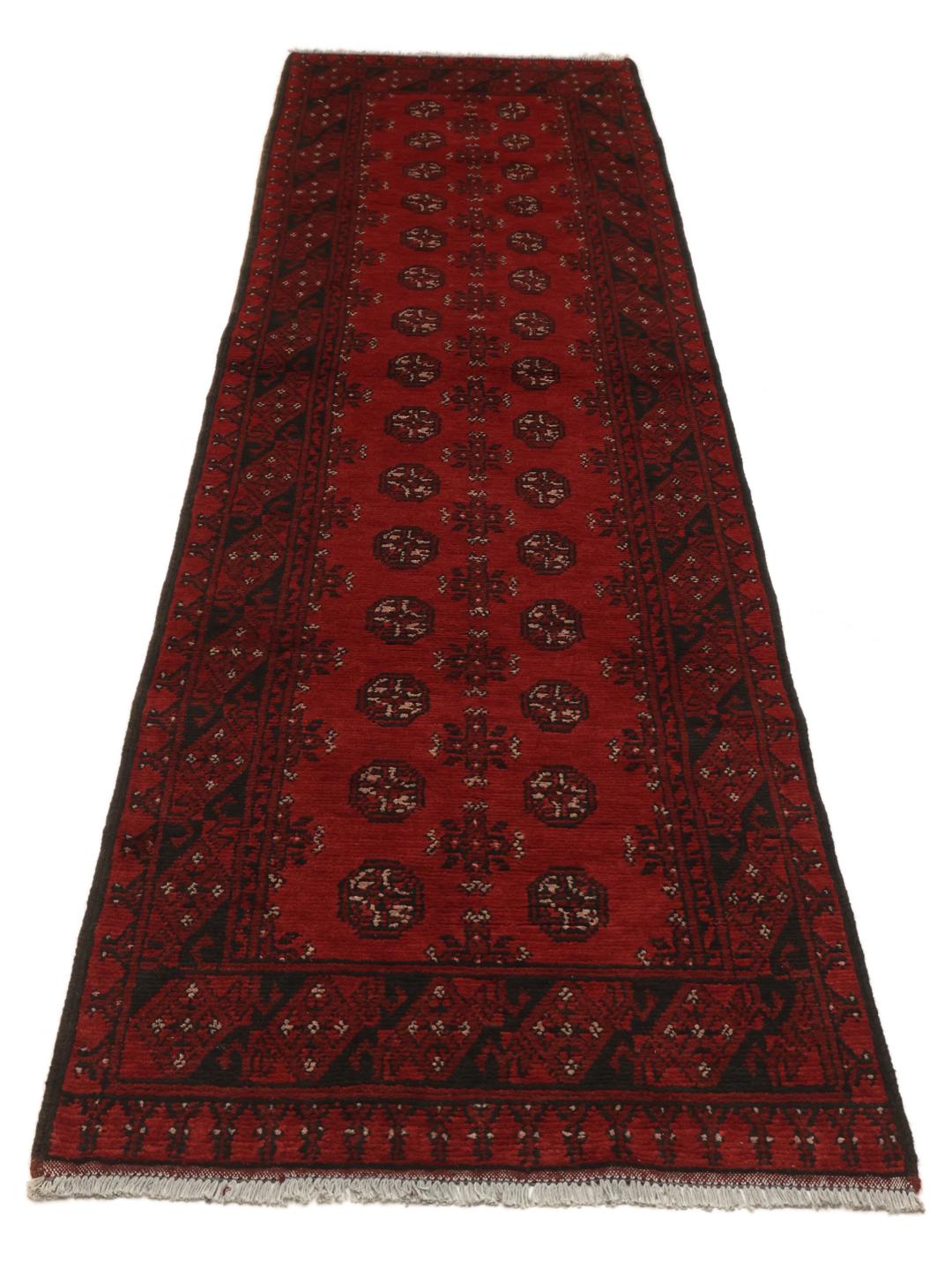 Tapis de couloir Afghan Fine noué à la main en rouge foncé et noir