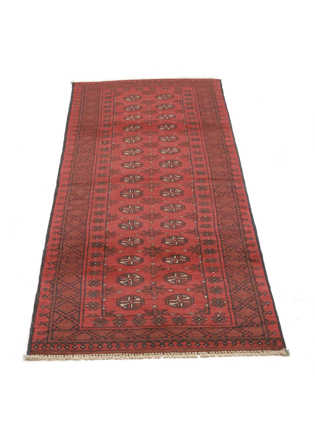 Hand-knotted runner rug from Afghanistan in dark-red and black