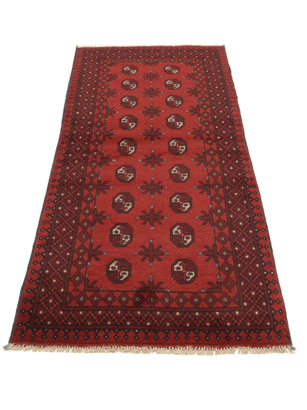 Tapis de couloir noué à la main Afghan Fine en laine rouge foncé et noire