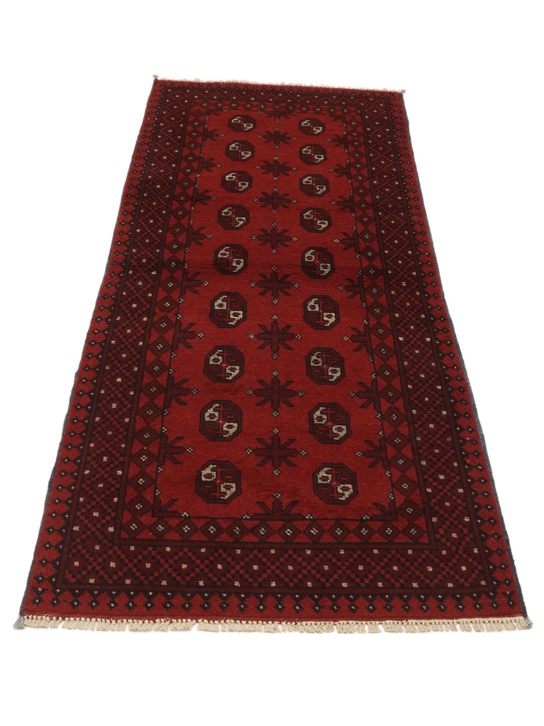 Tapis de couloir noué à la main Afghan Fine en laine rouge foncé et noire