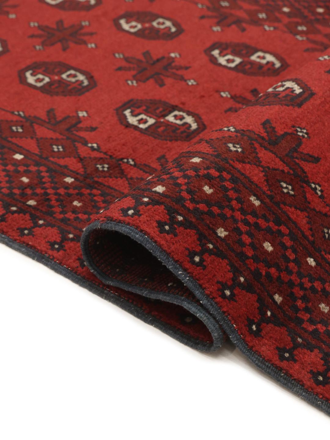 Tapis de couloir noué à la main Afghan Fine en laine rouge foncé et noire