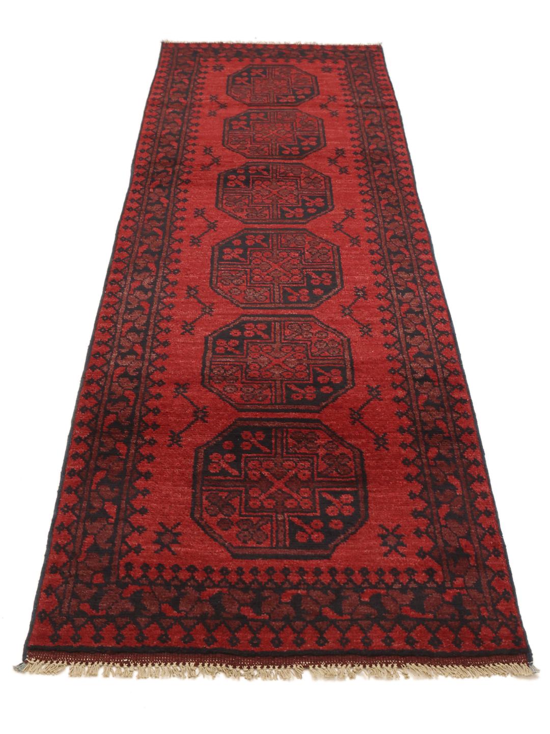 Tapis couloir Afghan Fine noué à la main en laine rouge foncé et noire