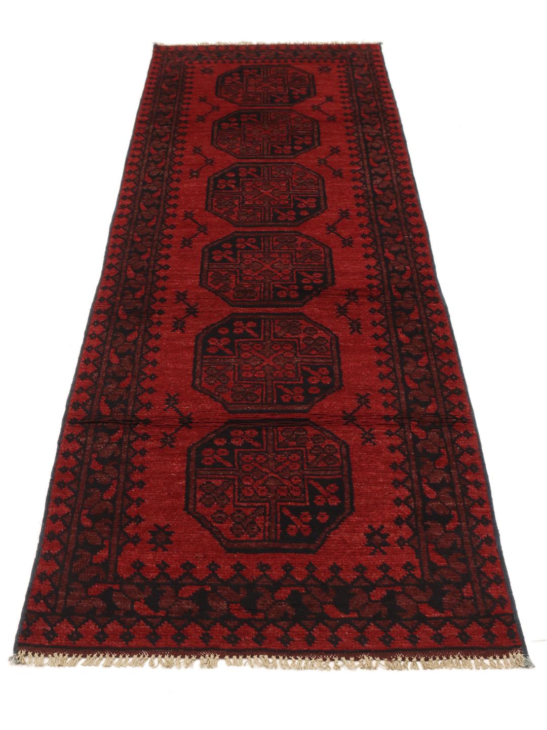 Tapis couloir Afghan Fine noué à la main en laine rouge foncé et noire
