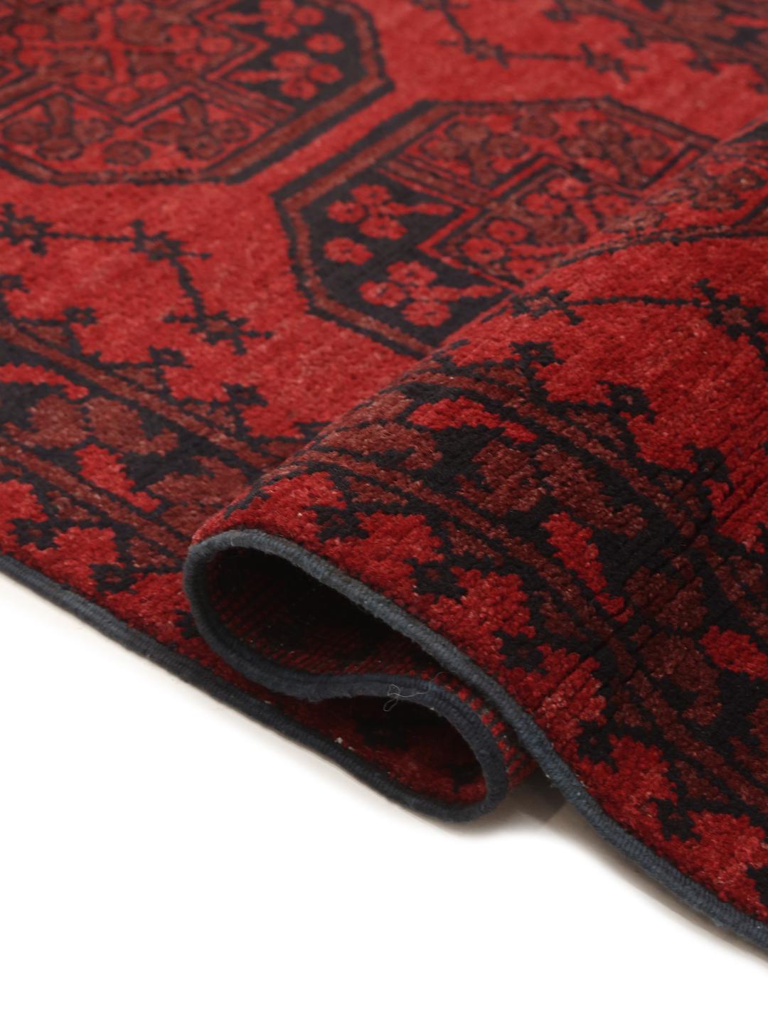 Tapis couloir Afghan Fine noué à la main en laine rouge foncé et noire