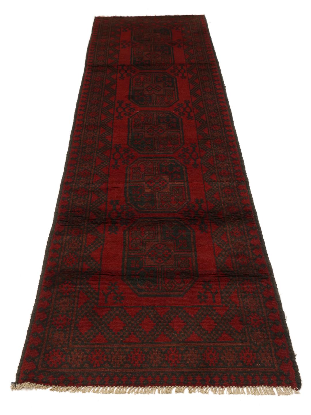 Tapis couloir en laine rouge foncé noué à la main en provenance d'Afghanistan