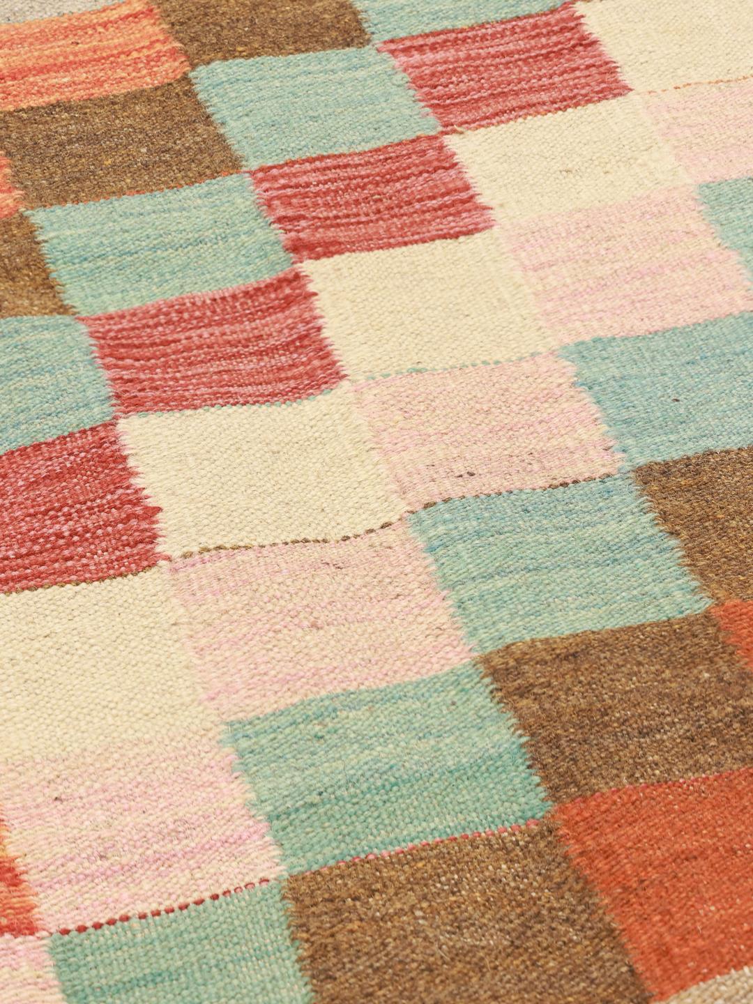 Handmade Afghan rug with a multicolor checkered pattern