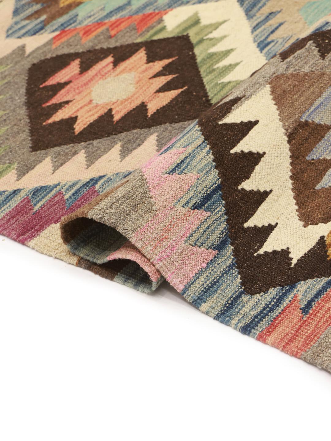 Met de hand geweven multicolor vlakke wollen vloerkleed uit Afghanistan