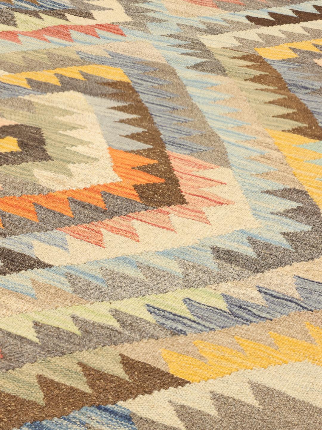 Hand-woven Kelim Ariana Trend wool rug from Afghanistan in multicolor and grey