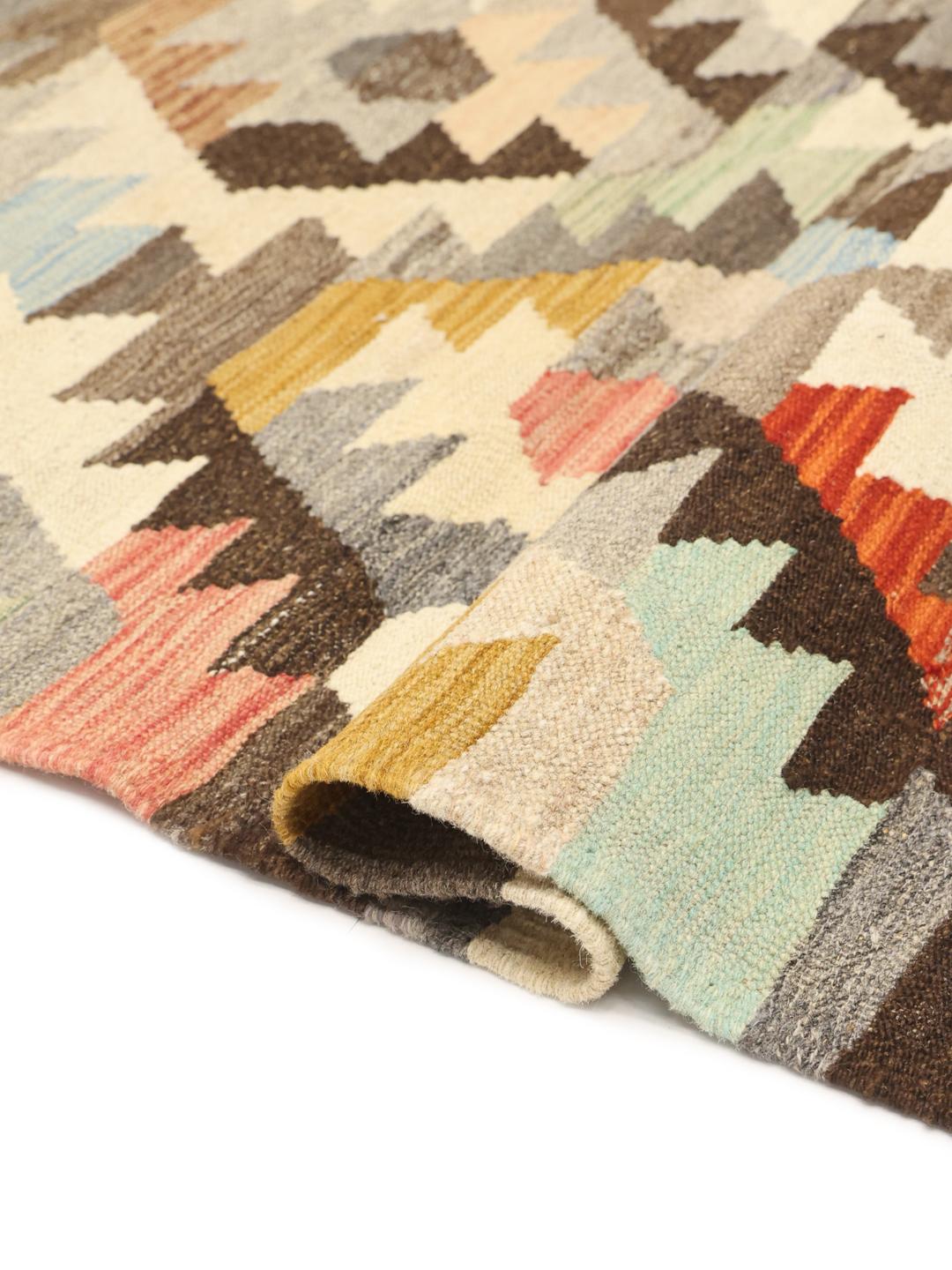 Handwoven geometric kilim rug in beige and multicolor wool from Afghanistan
