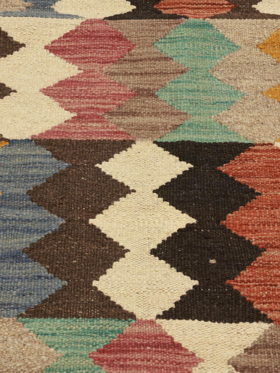 Hand-woven multicolor flatwoven wool rug from Afghanistan with a geometric diamond pattern