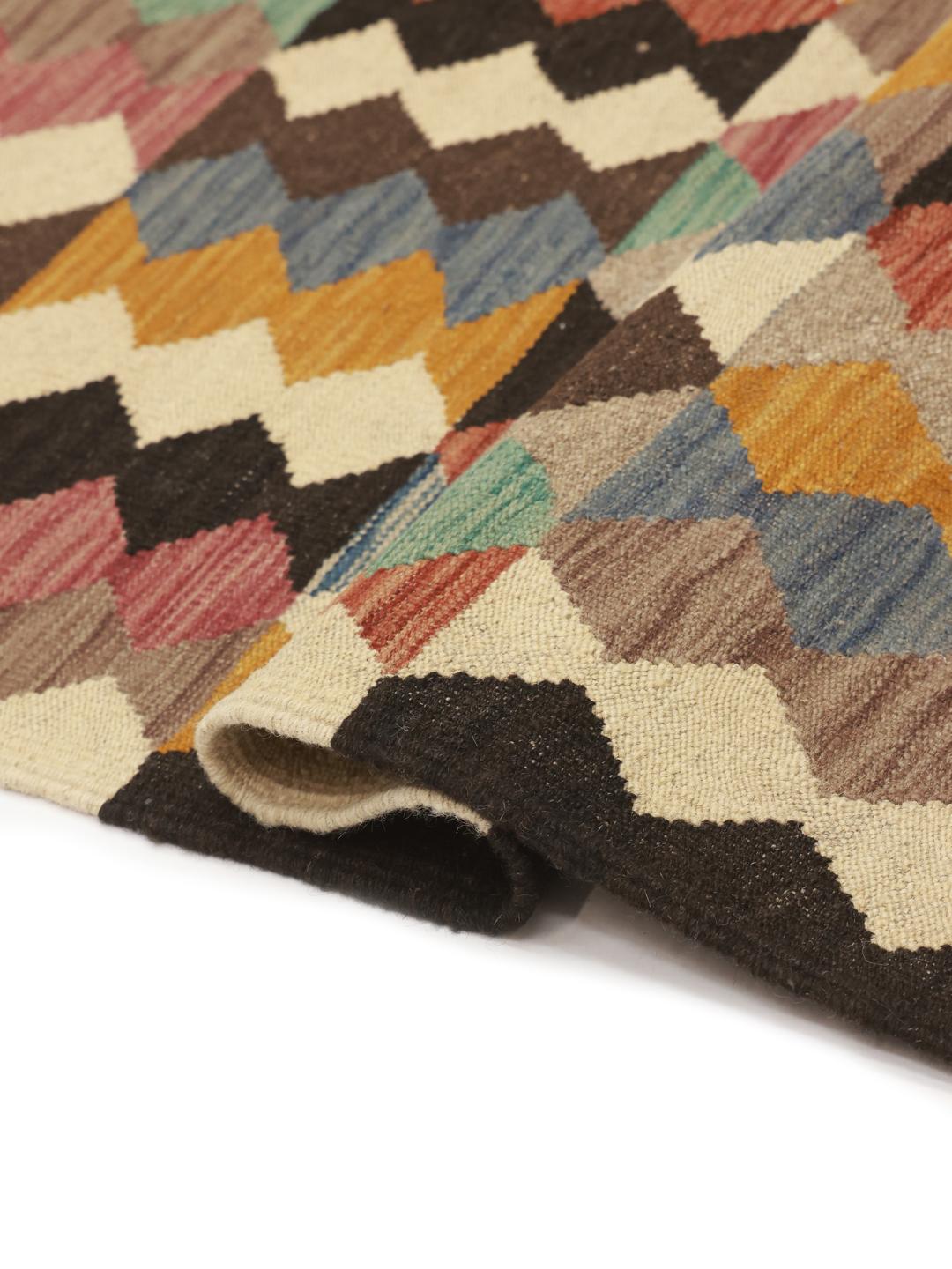 Hand-woven multicolor flatwoven wool rug from Afghanistan with a geometric diamond pattern