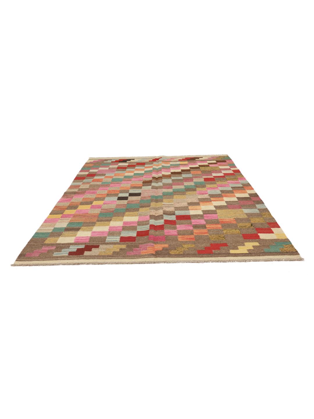 Tapis en laine multicolore tissé à la main en Afghanistan avec un motif à damier