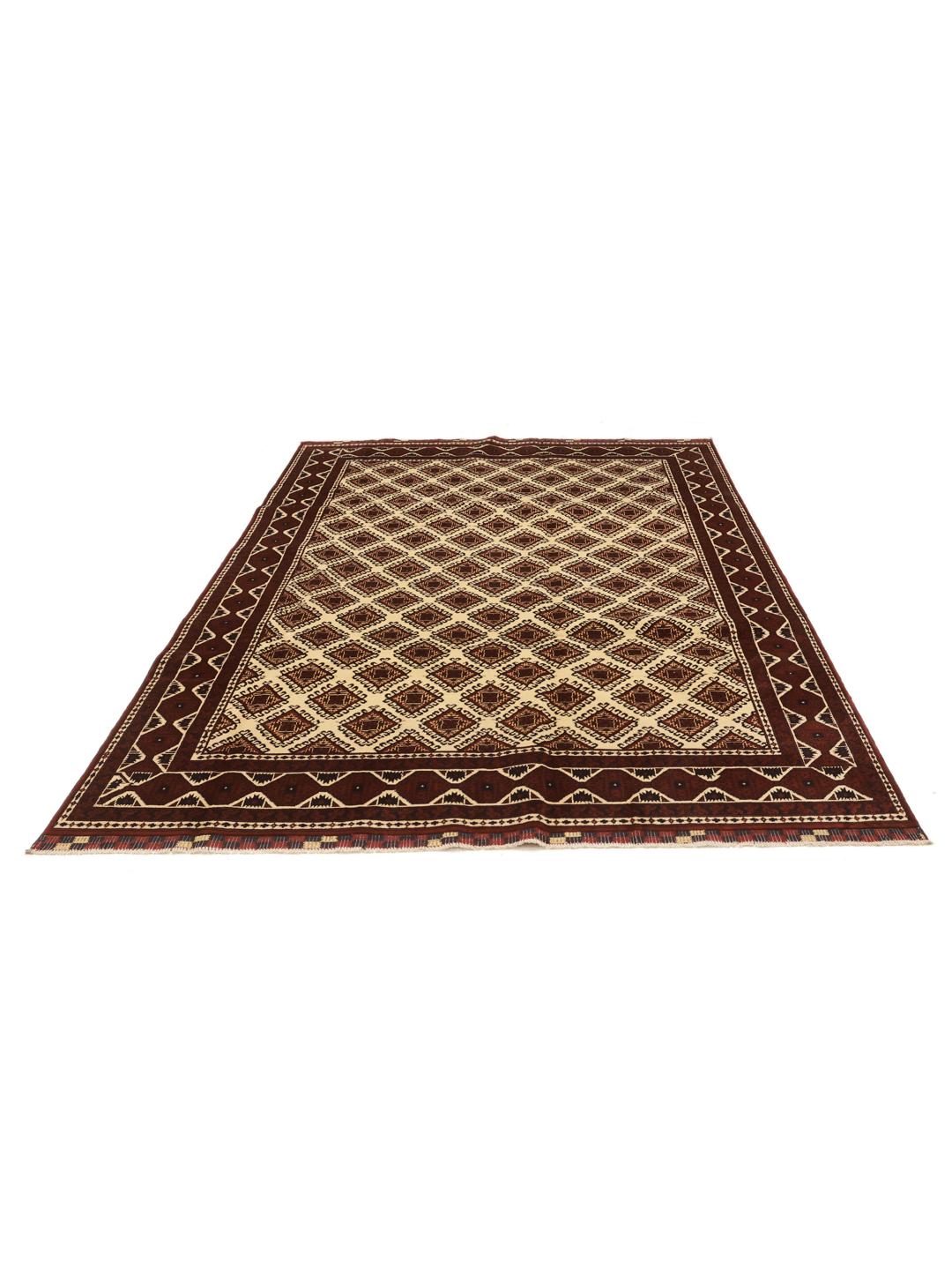 Hand-knotted Kunduz wool rug in dark-red and beige from Afghanistan
